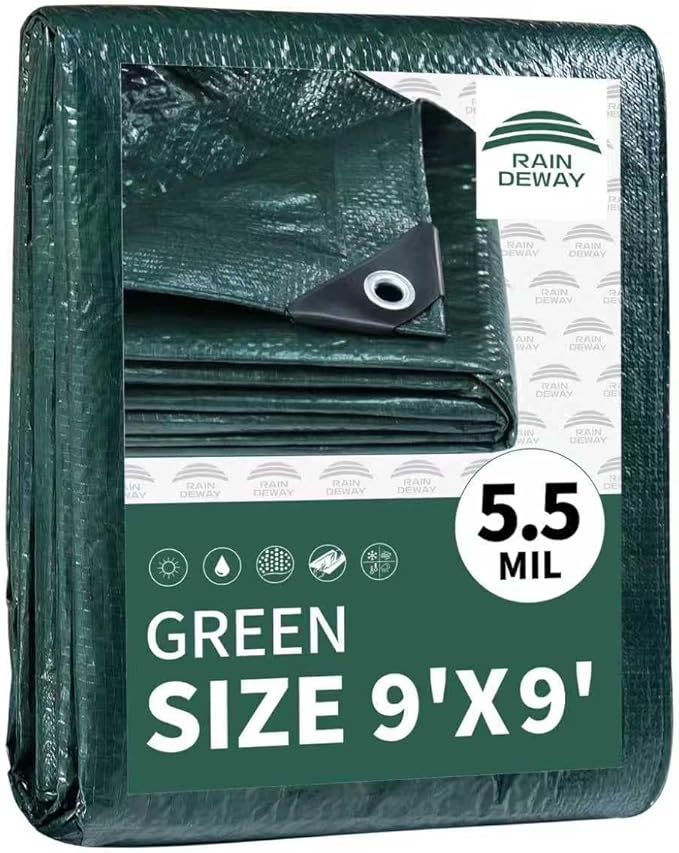 RAINDEWAY Tarps 9x9 Feet,Tarp Waterproof,5.5 Mil Thick, Multipurpose Waterproof Poly Tarp Cover with Metal Grommets and Reinforced Edges,Green Tarps