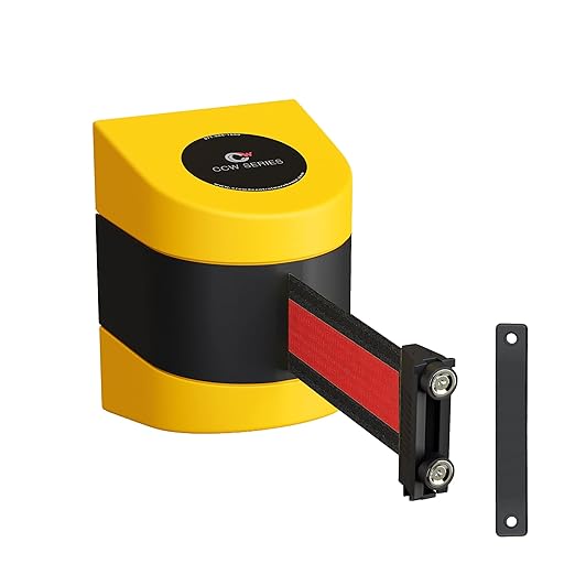 Crowd Control Warehouse - CCW Series WMB-220 Magnetic Wall Mount Retractable Belt Barrier - 15 Foot, Black Horizontal Red Stripe Belt with Yellow ABS Case