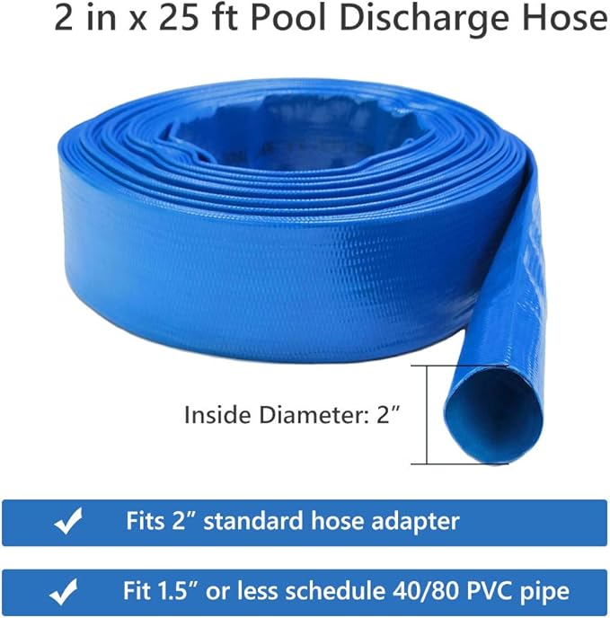 Eastrans 2" x 25 FT Pool Backwash Hose, Heavy Duty Flat Discharge Hose, Weather and Burst Resistant, Best Hoses for Inground Pools, Pool Filter & Pool Drain Hose with 2 Hose Clamps