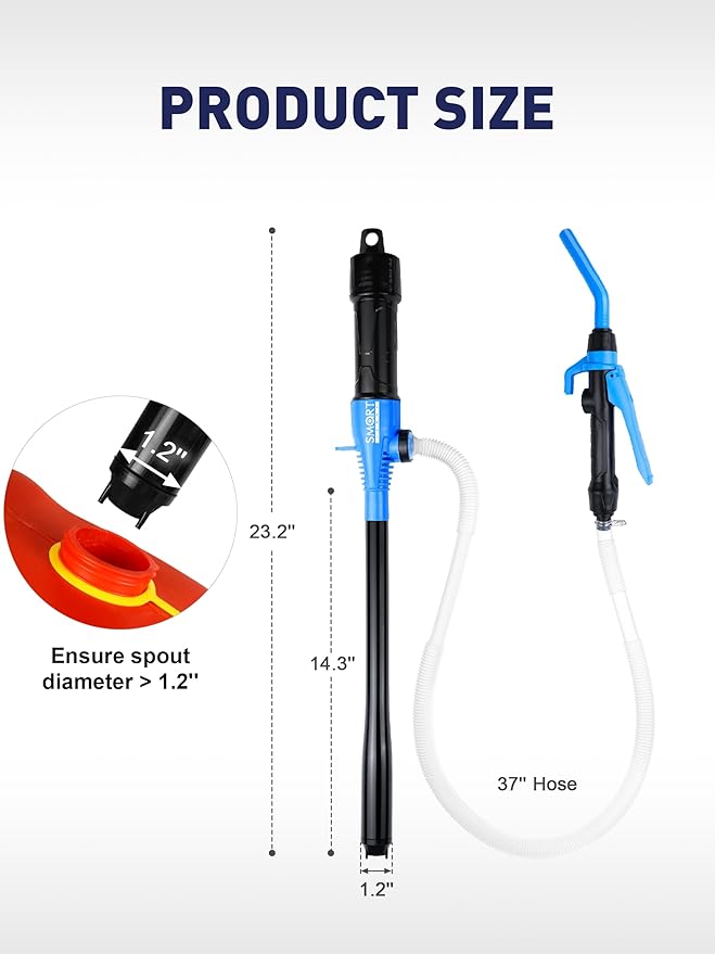 SMART JERRY - Battery Powered Fuel Transfer Pump | Portable Electric Siphon Pump for Gas, Fuel, Diesel, Water, Transmission | 2.8 GPM Battery Hand Pump with Flow Control Nozzle