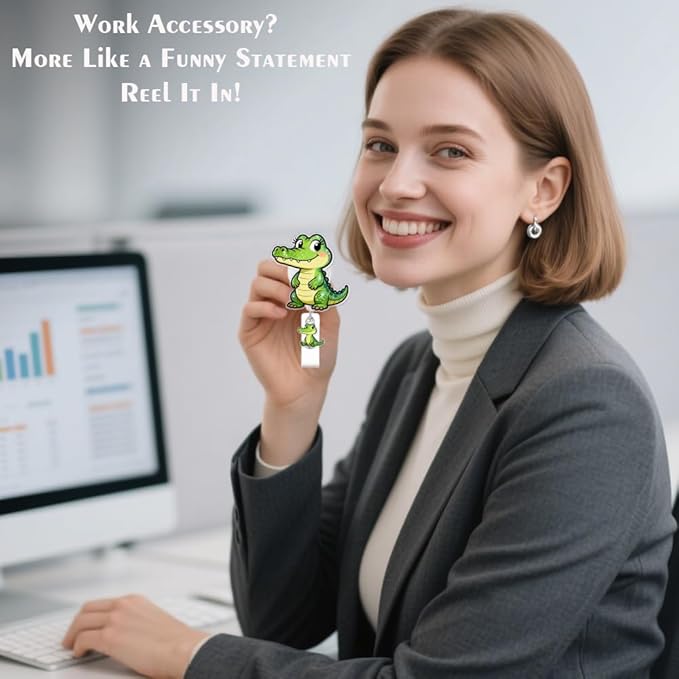 Cute Crocodile Badge Reel for ID Card, Funny Green Crocodile Retractable Nurse Alligator Clip Badge Reel for Women, ID Name Tag Badge Holder for Office School Hospital Nurses Doctors Teachers