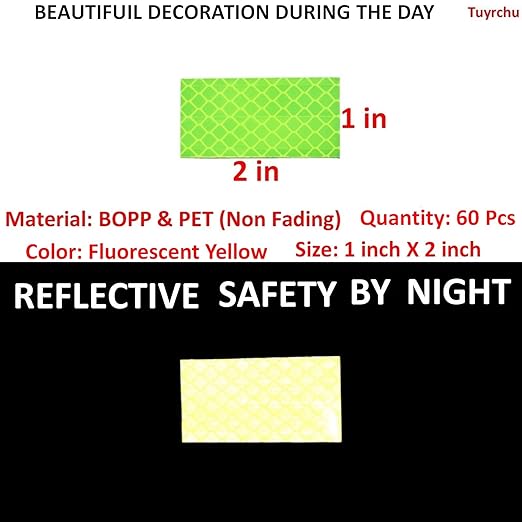 Fluorescent Reflective Stickers 1 inch X 2 inch, Outdoor Waterproof High Visibility Warning Safety Adhesive Reflector (60 Pcs)
