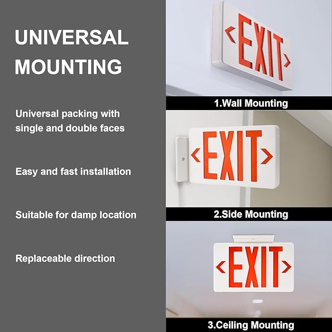 LED Exit Sign Emergency Light Single or Double Faces Rechargeable UL Certified GX-200NR (Red)