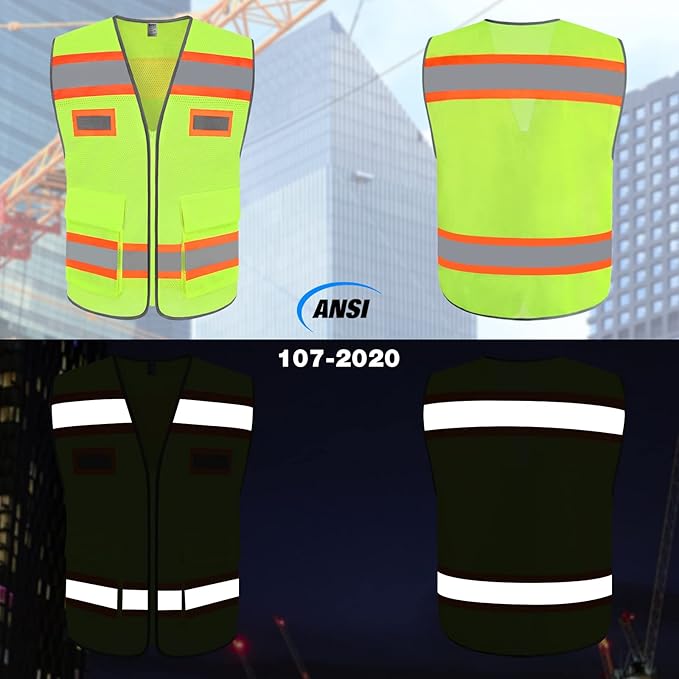 TCCFCCT Mesh Safety Vest for Men Women with Pockets High Visibility Reflective Vest for Safety, Work Vest with Fluorescent Orange Extend Edge, Meets ANSI/ISEA Standards, Yellow, M