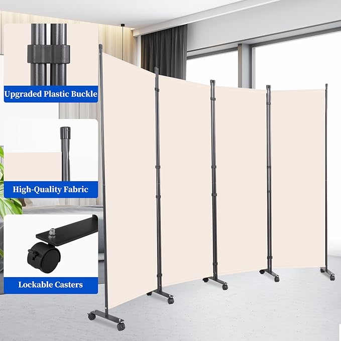 Room Divider 6FT Room Partition with Lockable Wheels, (Thicked Metal Base) Room Dividers, Freestanding Indoor Folding Privacy Screens, Portable Fabric Wall Divider for (Beige, 88"- 4 Panel)