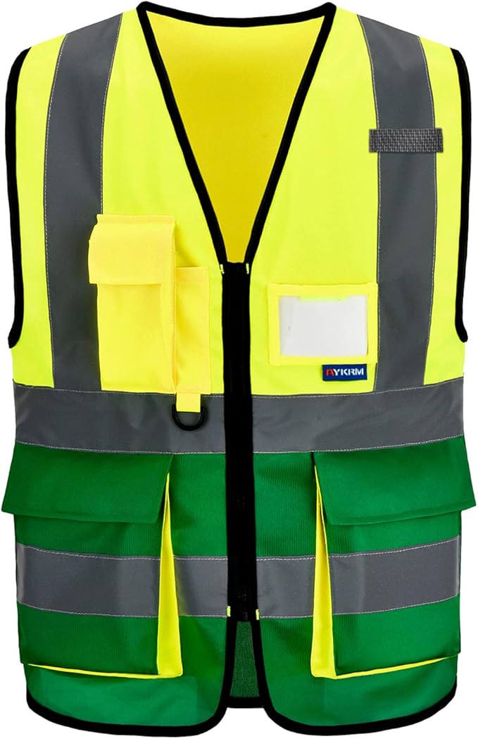 6XL 7XL 8XL High Visibility Yellow green REFLECTIVE Safety Vest with zipper Reflective Strips 7 Pockets