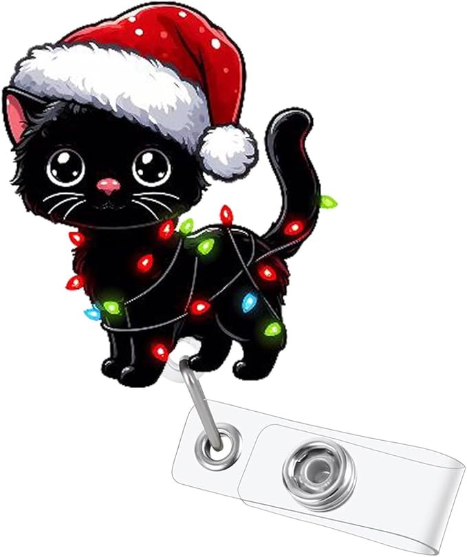 Christmas Cute Colored Lights Cat Badge Reel, Holiday Retractable Name Tag Badge Holder,Xmas Nurse Nursing Badge Clip for RN CNA LPN Medical Worker ID Card Decor |with Acrylic Alligator Clip