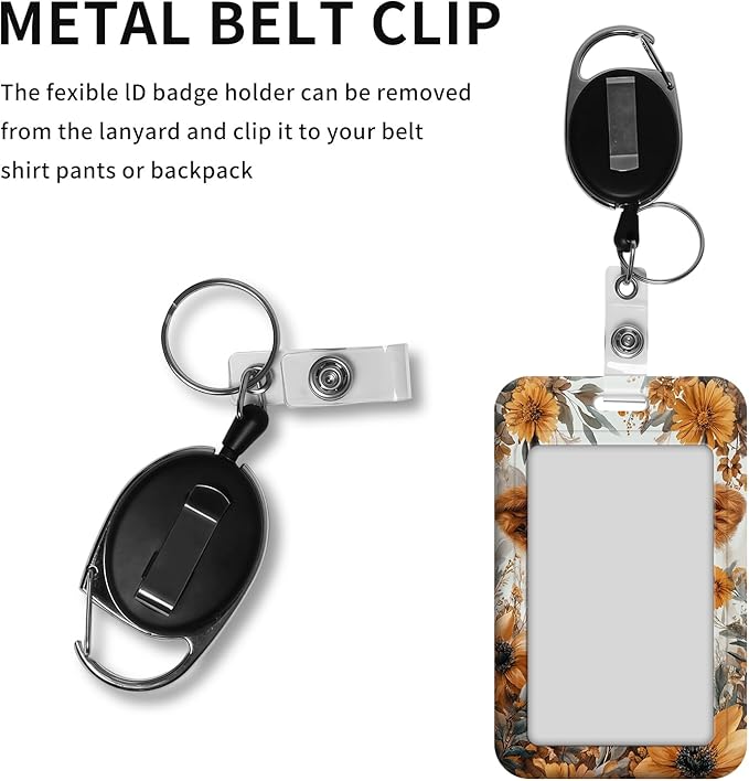 ID Badge Holder with Retractable Lanyard for Women & Men,Vertical ID Card Holder Wallet,Clear Window&Card Slot,Detachable Neck Strap for Nurse Teacher Office,Flowers Highland Cow
