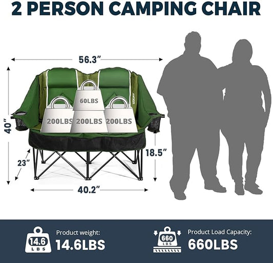 Oversized Double Camping Chair - 2 Person Portable Folding Outdoor Loveseat Heavy Duty Lawn Chairs for Adults with Padded Cushion & Dual Cup Holders, Supports 660LBS for Camping，Sports，Picnic