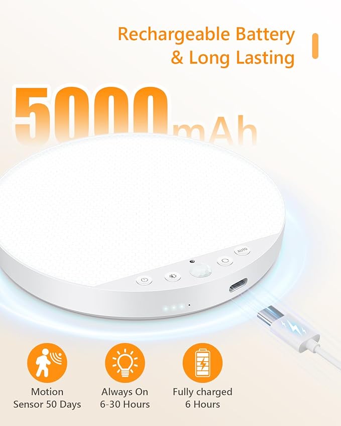 Rechargeable 8W Motion Sensor Ceiling Light Indoor, No Wiring & Magnetic Stick-On, Remote Control for Color & Brightness, Battery Operated Light for Shower, Closet, Bathroom, Pantry, Hallway, 1-Pack