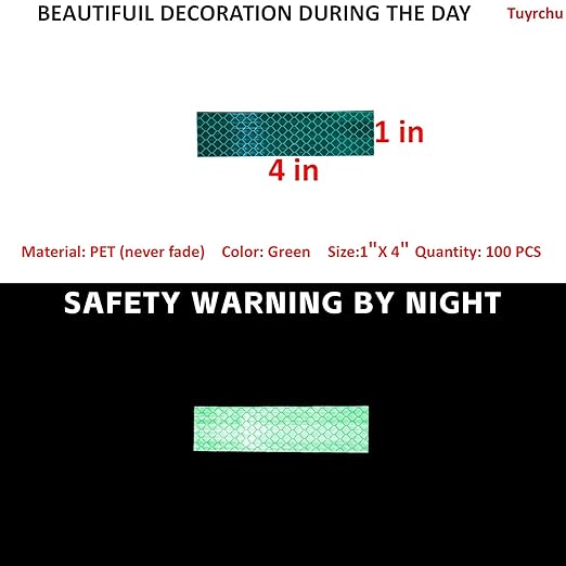 Non Fading Green Reflective Stickers 1 inch X 4 inch, Outdoor Waterproof High Visibility Warning Safety Adhesive Reflector Tape (100 Pcs)