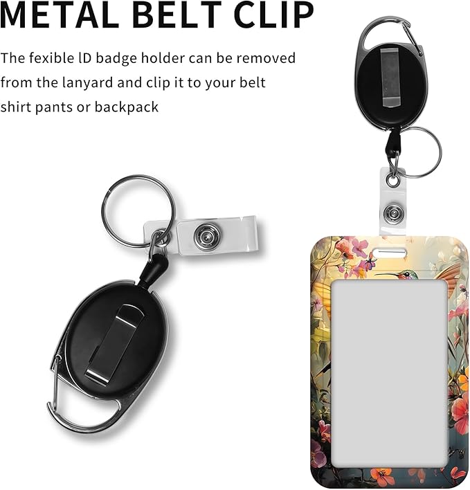 ID Badge Holder with Retractable Lanyard for Women & Men,Vertical ID Card Holder Wallet,Clear Window&Card Slot,Detachable Neck Strap for Nurse Teacher Office,Hummingbirds Among Blossoms