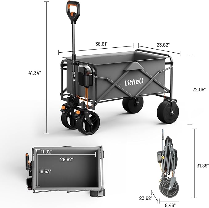 Litheli Electric Collapsible Wagon Cart with Brakes, 100L Grocery Cart with Wheels,Easy to Carry Folding Wagon and Dual Port Charger for Camping, Gardening, Shopping