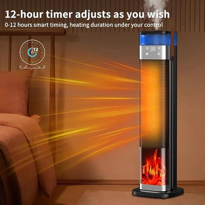 Tower Heater for Bedroom with Thermostat, Spray Humidification, 3D Simulated Flame, 3 Heating Modes, 12H Timer, 360°Protection, Portable Battery Powered Heaters for Indoor Use Large Room & Office