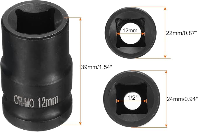 HARFINGTON 4 Point Square Socket 1/2" Drive 12mm Metric Square Impact Socket CR-MO Blackening Standard Wheel Sockets Pneumatic Socket Tool for Auto Repair Mechanical Maintenance Home Use