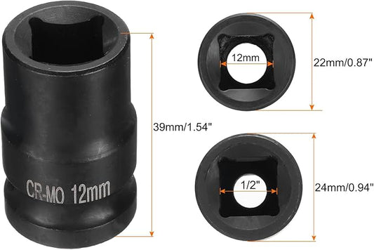 HARFINGTON 4 Point Square Socket 1/2" Drive 12mm Metric Square Impact Socket CR-MO Blackening Standard Wheel Sockets Pneumatic Socket Tool for Auto Repair Mechanical Maintenance Home Use