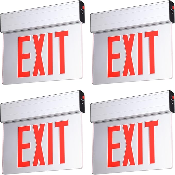 LEONLITE LED Edge-Lit Exit Sign, Aluminum Housing Emergency Exit Light with Battery Backup, UL Listed, Double-Sided Acrylic Panel, 120/277V, Multiple Mounting for Commercial Use, Red, Pack of 4