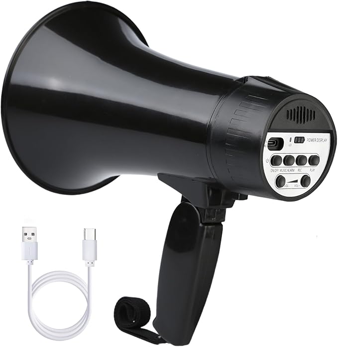 UZOCHI 20 Watt Rechargeable Megaphone Bullhorn Speaker, Siren and 240s Recording, Portable Mega Phone with Power Display and Strap (Black)