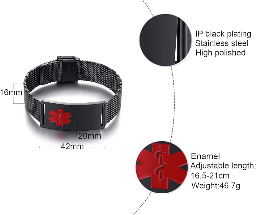 VNOX Medical Alert Bracelets for Men & Women Kids with Free Engraving Adjustable Stainless Steel Mesh Emergency Medical ID Bracelets Wristband