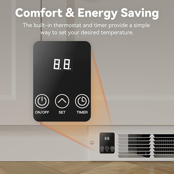 Electric Kickspace Heater with Built-In Thermostat and Timer, 1500W Plinth Heater HTA15-PRO for Cabinet Kickspaces, Vanities and Stairways, White