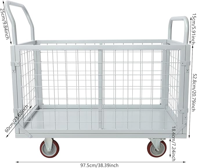 Platform Truck Cart with Cage, 4 in 1 Mutipurpose Handcart with Wheels, 1800lbs Capacity Heavy Duty Push Cart Dolly Foldable Flatbed Cart for Workshops Warehouses Supermarkets