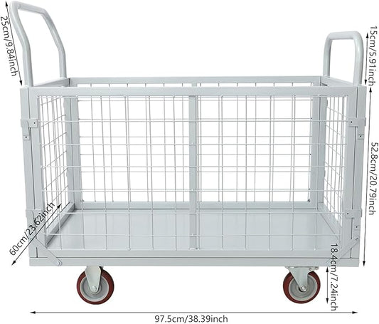 Platform Truck Cart with Cage, 4 in 1 Mutipurpose Handcart with Wheels, 1800lbs Capacity Heavy Duty Push Cart Dolly Foldable Flatbed Cart for Workshops Warehouses Supermarkets