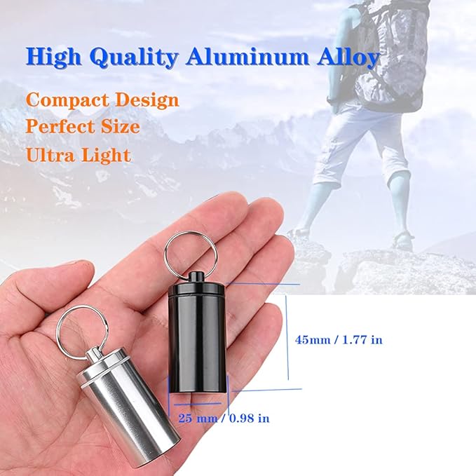 Portable Pill Holder Keychain,Aluminium Alloy Waterproof Pill Box Container for Purse Pocket,Small Daily Pill Case for Outdoor Travel Camping-2PCS