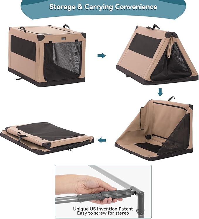 PETSFIT Portable Dog Crate, Soft Sided Dog Crate - 26 Inch Lightweight, Easy Setup, Sturdy Dog Travel Crate, Adjustable Framework with 3 Mesh Door, Collapsible Dog Kennel Khaki