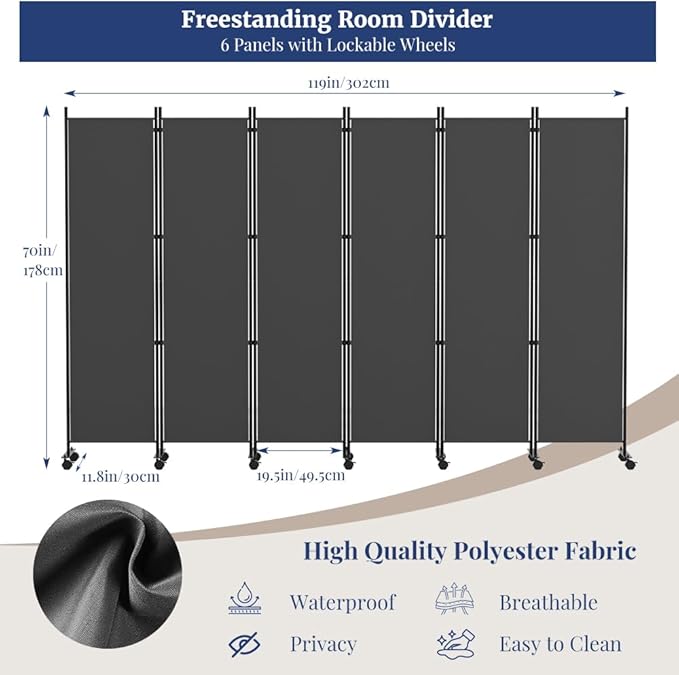 Kokorona 6 Panel Room Divider, 6FT Tall Rolling Privacy Screen with Lockable Wheels, Folding Wall Dividers Portable Room Divider for Room Separation, Included - Cover Strips, Grey, 119''W x 70''H