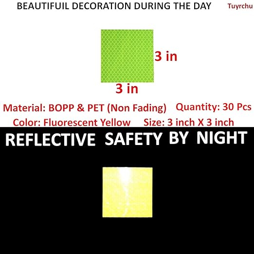 Fluorescent Reflective Stickers 3 inch X 3 inch, Outdoor Waterproof High Visibility Warning Safety Adhesive Reflector (30 Pcs)