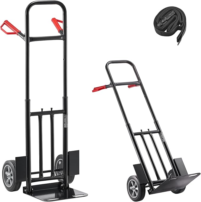 VEVOR Steel Pneumatic Hand Truck Dolly, Convertible Heavy-Duty Moving Dolly Cart with Handle, 600 LBS Portable Trolley Dolly with Tie-Down Strap for Moving Home, Office, Warehouse, Supermarket