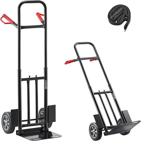 VEVOR Steel Pneumatic Hand Truck Dolly, Convertible Heavy-Duty Moving Dolly Cart with Handle, 600 LBS Portable Trolley Dolly with Tie-Down Strap for Moving Home, Office, Warehouse, Supermarket