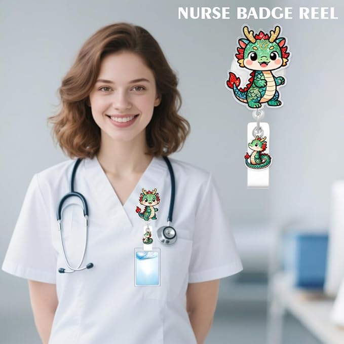 Cute Dragon Badge Reel, RN Badge Buddy, Funny Dragon ID Work Badge Holder with Retractable Alligator Clip Accessories for LPN CNA MA Nurse Doctor Nursing Student Teacher, and Medical Workers
