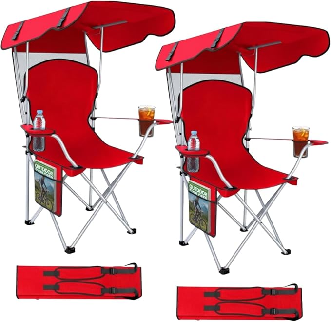 Portable Folding Camping Chairs with Canopy Shade, Beach Chair for Adults, Durable Weather Resistant 600D Oxford Cloth, Camping Chair with Canopy for Outdoors [Red-2 Pack]