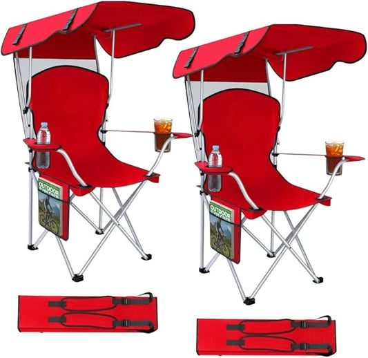 Portable Folding Camping Chairs with Canopy Shade, Beach Chair for Adults, Durable Weather Resistant 600D Oxford Cloth, Camping Chair with Canopy for Outdoors [Red-2 Pack]