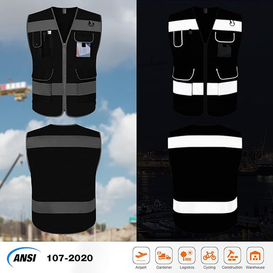 TCCFCCT Mesh High Visibility Safety Vest for Men Women 9 Pockets Hi Vis Reflective Vest for Safety, Work Vest with Reflective Strips, Meets ANSI/ISEA Standards, (Black, 4X-Large)