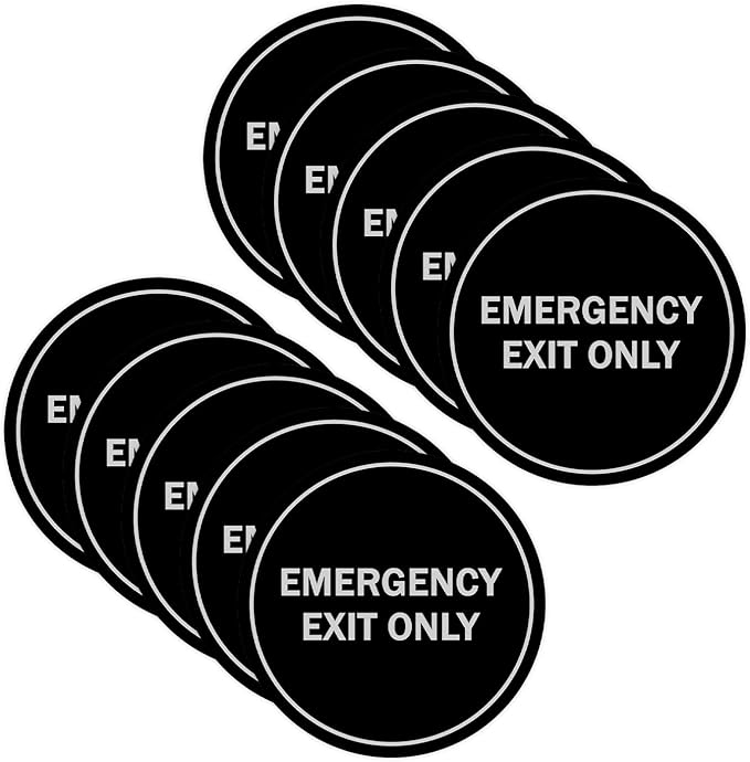 Signs ByLITA Circle Emergency Exit Only Sign (Black/Silver) - Medium 10 Pack