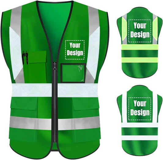 YOWESHOP High Visibility Safety Vest Custom Your Logo Protective Workwear 5 Pockets With Reflective Strips Outdoor Work Vest (S, Green Luminous)