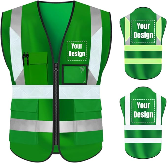 YOWESHOP High Visibility Safety Vest Custom Your Logo Protective Workwear 5 Pockets With Reflective Strips Outdoor Work Vest (XL, Green Luminous)