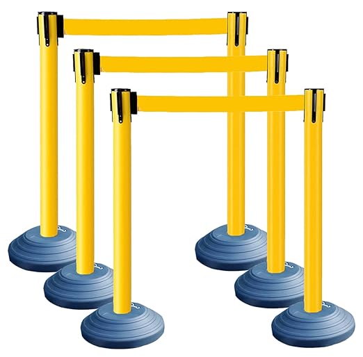 6 Pack 42Inch Crowd Control Stanchions with 10ft Yellow Retractable Belt Crowd Control Barriers 13 Inch Water-Filled Base Retractable Stanchions for Traffic Control (Yellow)