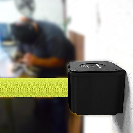 WM412 Retractable Belt Wall Mounted Smooth Black Crowd Control Barrier and Receiving End, 15' Black/Yellow Diagonal Belt