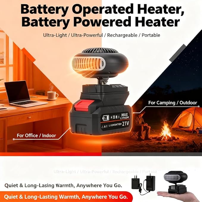 Battery Operated Heater, Battery Powered Heater, Universal 18-21V, Any Capacity Works, Ultra-Light/Rechargeable/Portable/360-Degree Adjustable with Dual USB, for Camping/Office/Indoor