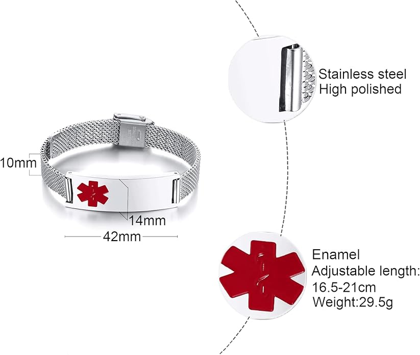 VNOX Medical Alert Bracelets for Men & Women Kids with Free Engraving Adjustable Stainless Steel Mesh Emergency Medical ID Bracelets Wristband