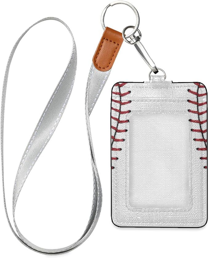 Baseball ID Badge Holder with Lanyard, Vertical Leather ID Badge Card Holder for Office Staff, School Teacher and Student