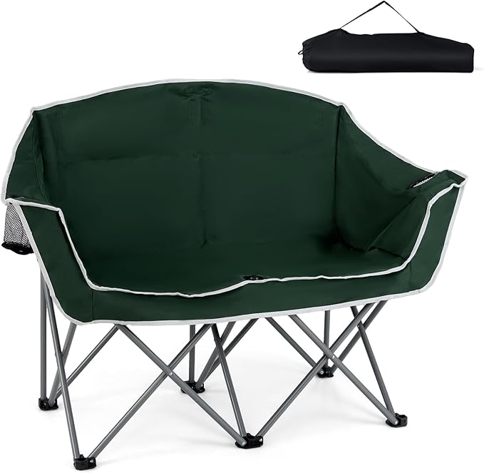 Tangkula 2 Person Camping Chair, Portable Oversized Outdoor Folding Camp Chair Loveseat with Padded Seat, Cup Holder, Carry Bag, Heavy Duty Lawn Chair for Beach, Fishing, Travel (2-Person,Green)
