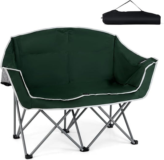 Tangkula 2 Person Camping Chair, Portable Oversized Outdoor Folding Camp Chair Loveseat with Padded Seat, Cup Holder, Carry Bag, Heavy Duty Lawn Chair for Beach, Fishing, Travel (2-Person,Green)