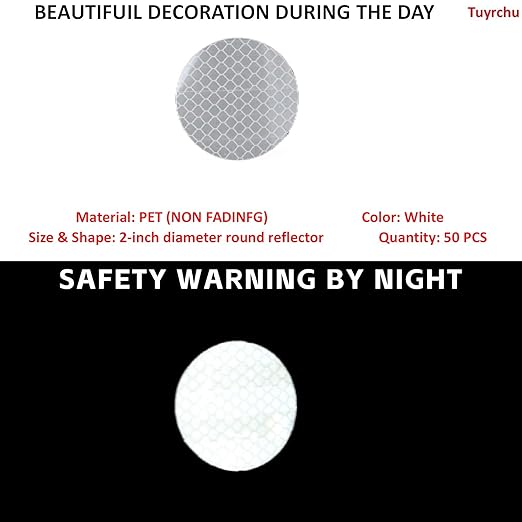 Non Fading White Reflective Stickers 2-inch Diameter Round Reflector, Outdoor Waterproof High Visibility Warning Adhesive Tape (50 Pcs)