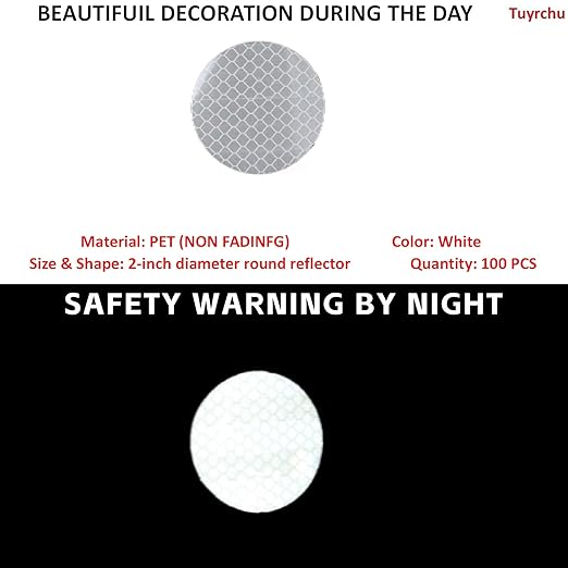 Non Fading White Reflective Stickers 2-inch Diameter Round Reflector, Outdoor Waterproof High Visibility Warning Adhesive Tape (100 Pcs)
