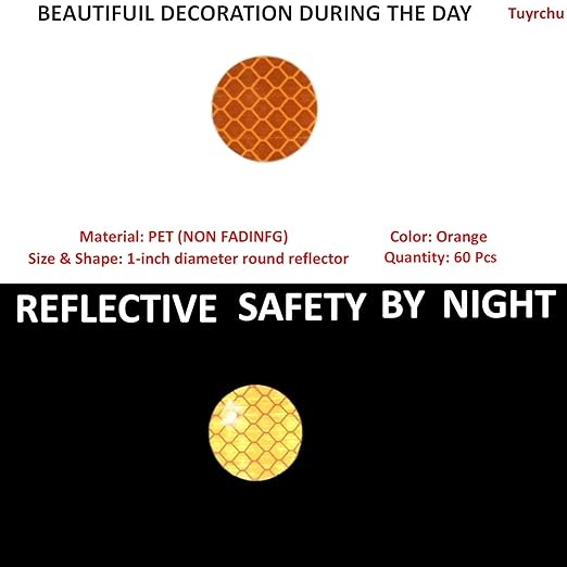 Orange Reflective Stickers 1-inch Diameter Round Reflector, Outdoor Waterproof High Visibility Warning Adhesive Tape (60 Pcs)