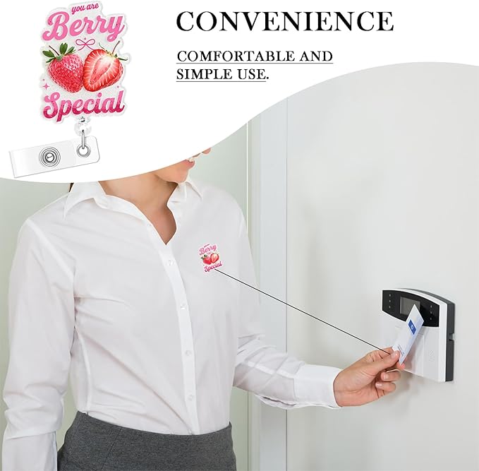 Berry Special Badge Buddy, Nurse Retractable Badge Holder with Clip, Glitter Acrylic Badge Reel for RN, LPN, CNA, Pink Cute Design (Strawberry)
